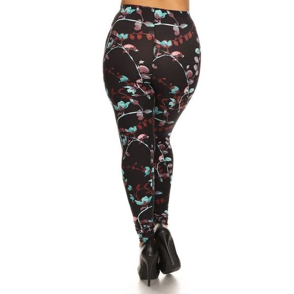 (Plus) Curvy Black Gray Teal Floral Vine Pattern Print Leggings - Picture 3 of 4